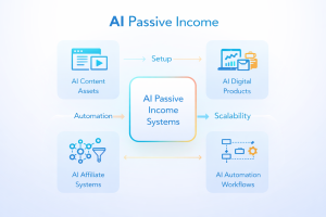 Overview of AI passive income systems, including content assets, digital products, affiliate systems, and automation workflows.