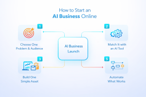Step-by-step framework showing how to start an AI business online, from choosing a problem to monetization and automation.