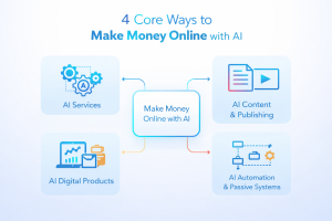 Four core ways to make money online with AI, including services, content, digital products, and automation.